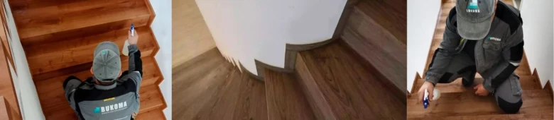 Pracovník lemuje schody vinylem s dřevěnou texturou.