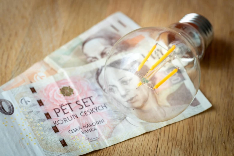 Žárovka na české koruně - symbolika energie a financí.