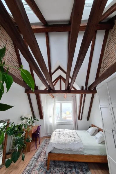 Loft s viditelnými dřevěnými trámy v konstrukci střechy.