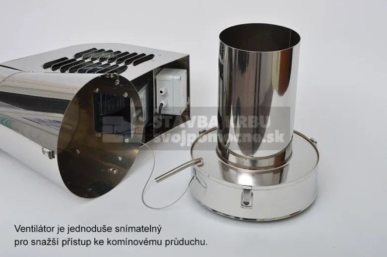 Rozložený komínový ventilátor z nerezové oceli s viditelným motorem.