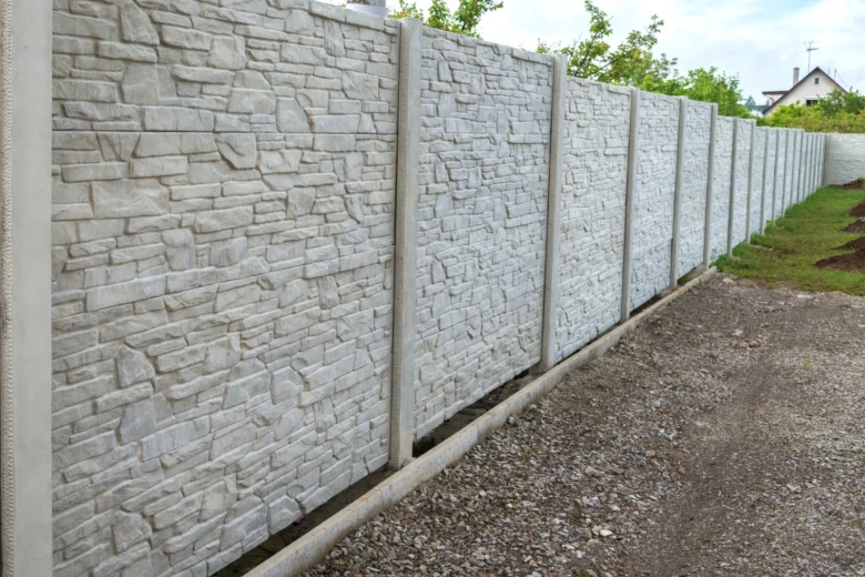 Betonová plot s dekorativním kamenným povrchem kolem domu.
