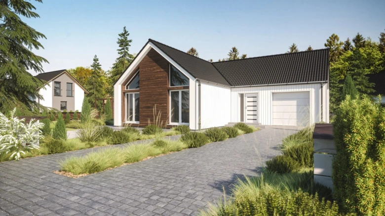 Moderní dřevostavba bungalov s velkým garáží a zahradou.