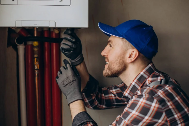 Montáž topení: instalace kotle pro vytápění domácnosti.