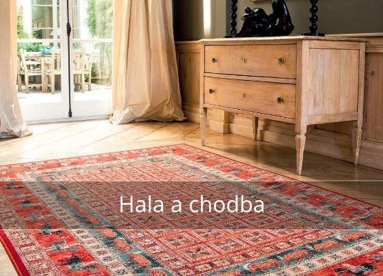 Velký červený koberec v obývacím pokoji s nábytkem.