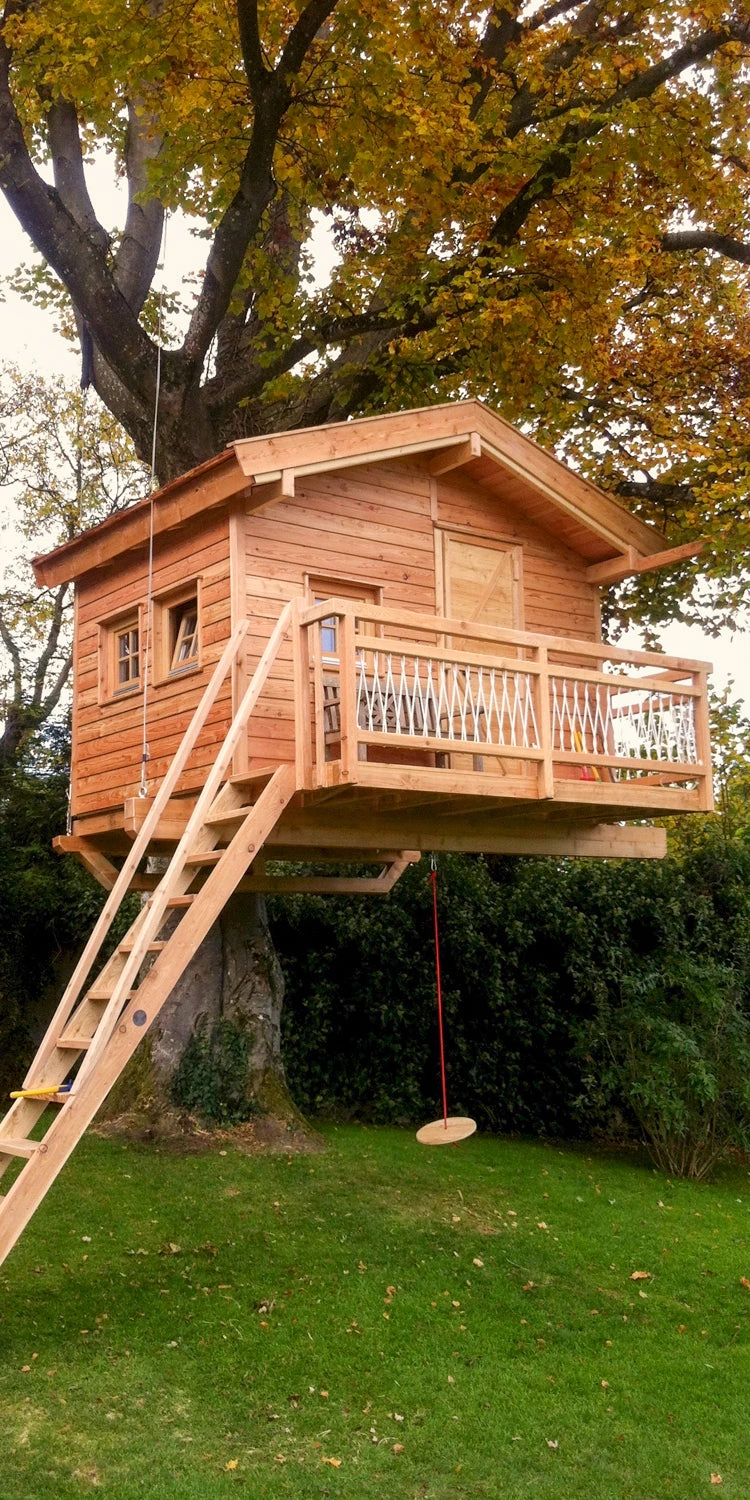 Dřevěný domek na stromě s žebříkem a houpačkou.