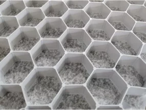 Bílá dlažba s rostlinami prorůstajícími skrze hexagonální strukturu.