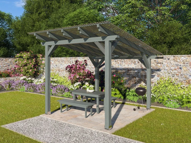 Malá jednoduchá dřevěná pergola s lavičkou v zahradě.